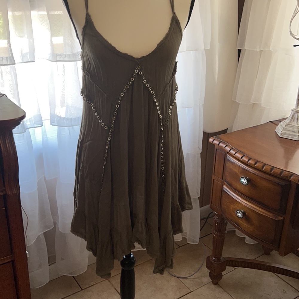 NWOT Free People army green metal dress with criss cross adjustable straps S!